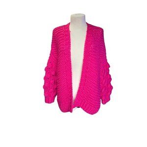 Oversized Pink Chunky Knit Cardigan – Size Small | Crochet Bubble Lantern Sleeve